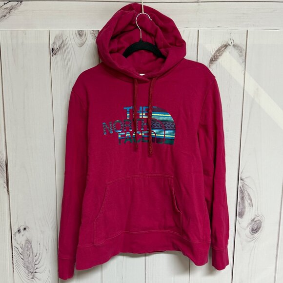 The North Face Women’s XL Hoodie Pink Logo Pullover Vibrant Fleece, EUC - Picture 1 of 12